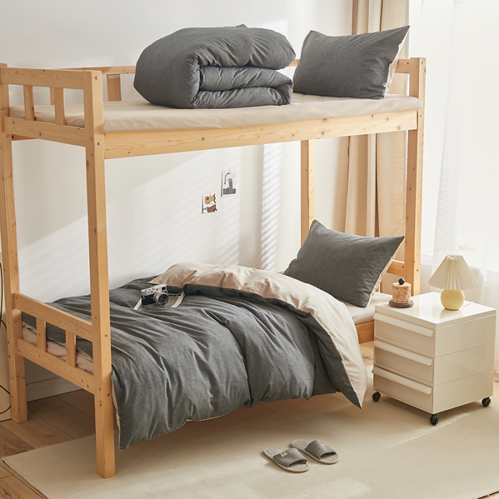 91家纺网 家纺一手货源 找家纺 安力森/诚臻酒店用品 2023新款学生宿舍寝室上下铺全棉色织四件套 深灰卡其双拼