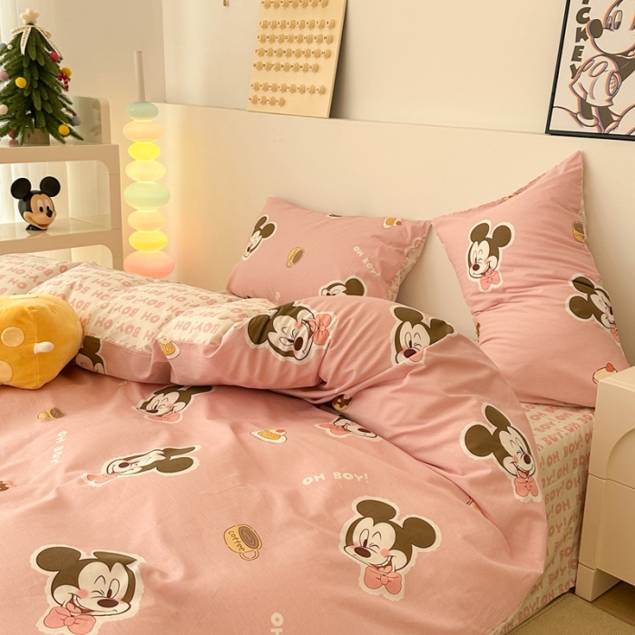 91家纺网 家纺一手货源 找家纺 昔可家纺 2023新款迪士尼系列全棉四件套 蛋糕米奇粉