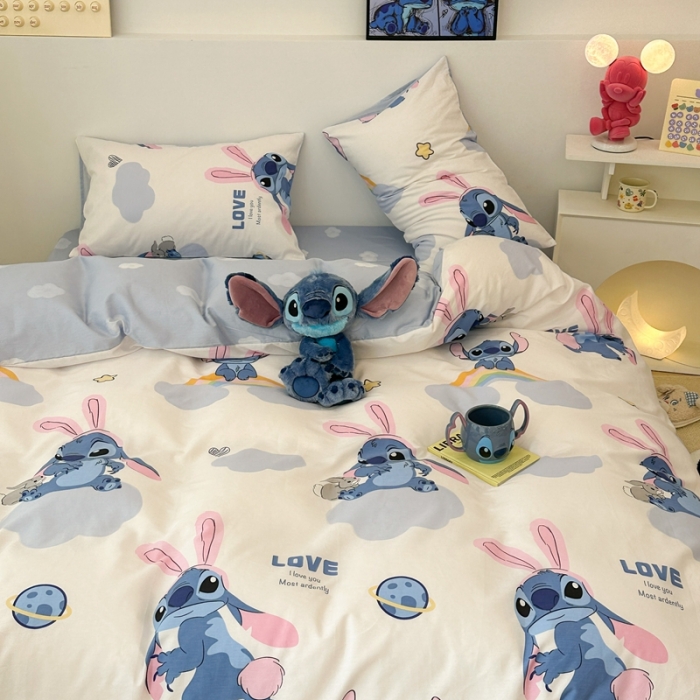 91家纺网 家纺一手货源 找家纺 昔可家纺 2023新款迪士尼系列全棉四件套 粉耳朵史迪奇