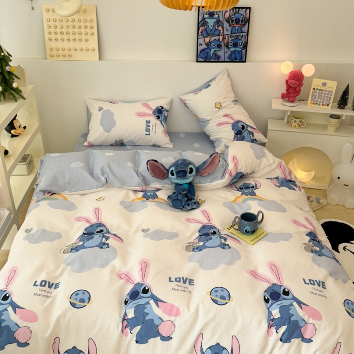 91家纺网 家纺一手货源 找家纺 昔可家纺 2023新款迪士尼系列全棉四件套 粉耳朵史迪奇