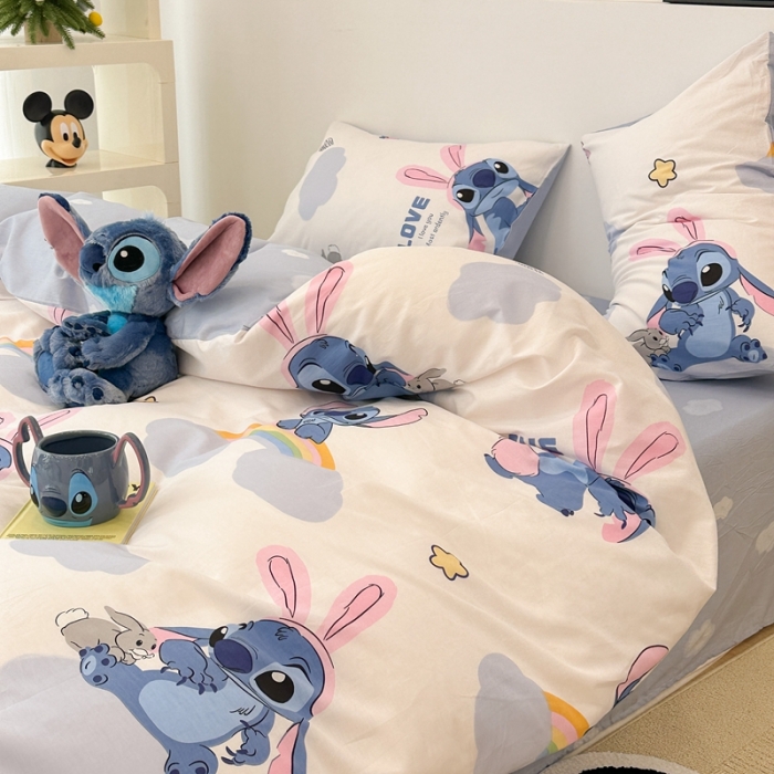 91家纺网 家纺一手货源 找家纺 昔可家纺 2023新款迪士尼系列全棉四件套 粉耳朵史迪奇