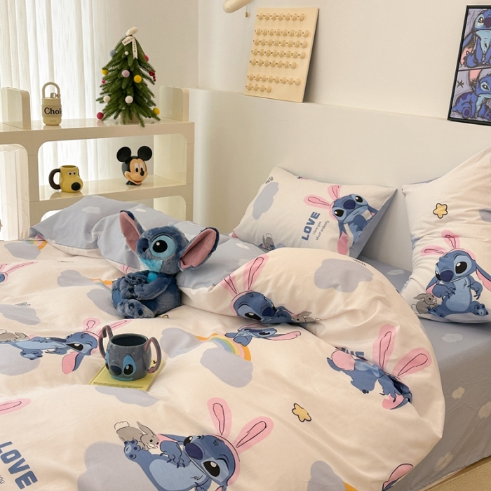 91家纺网 家纺一手货源 找家纺 昔可家纺 2023新款迪士尼系列全棉四件套 粉耳朵史迪奇