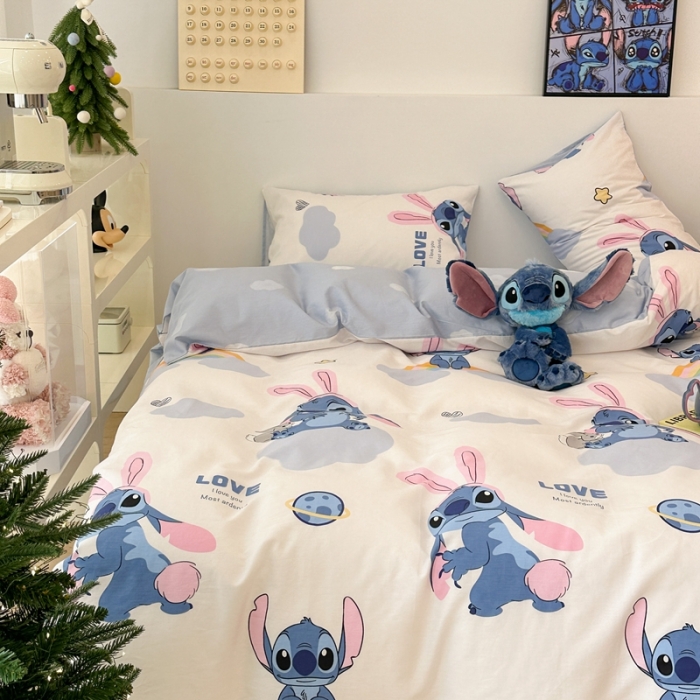 91家纺网 家纺一手货源 找家纺 昔可家纺 2023新款迪士尼系列全棉四件套 粉耳朵史迪奇