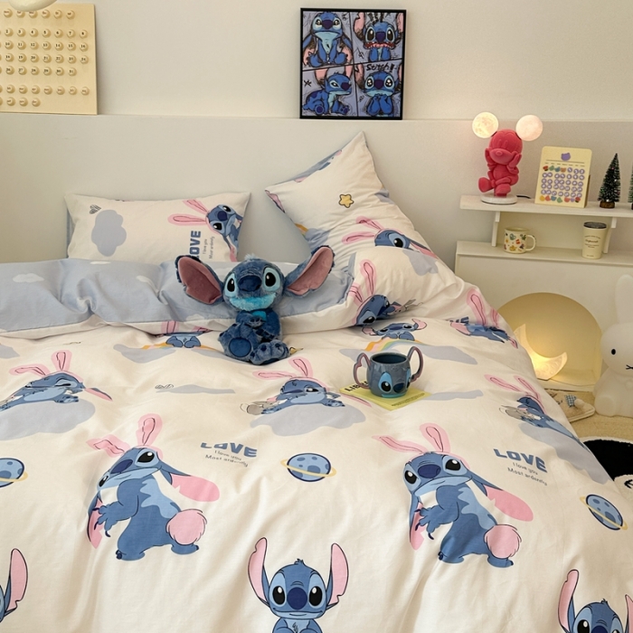 91家纺网 家纺一手货源 找家纺 昔可家纺 2023新款迪士尼系列全棉四件套 粉耳朵史迪奇