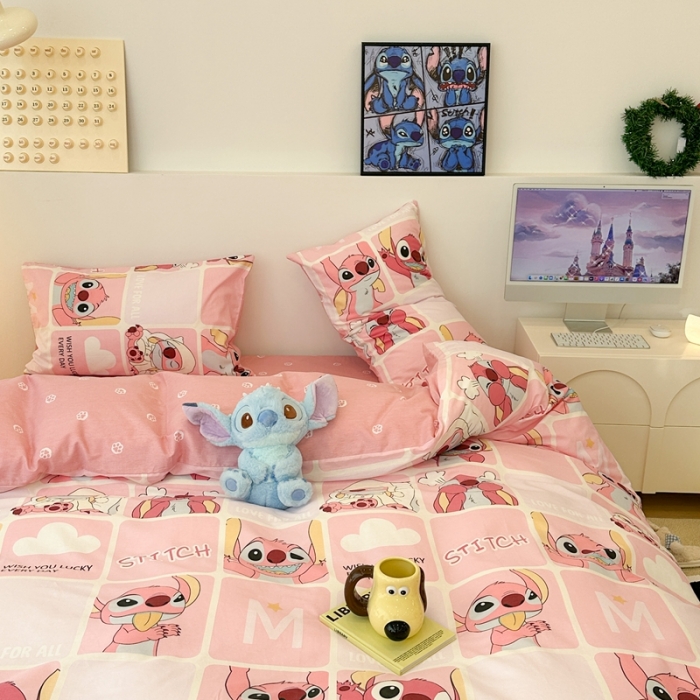 91家纺网 家纺一手货源 找家纺 昔可家纺 2023新款迪士尼系列全棉四件套 粉色史迪仔