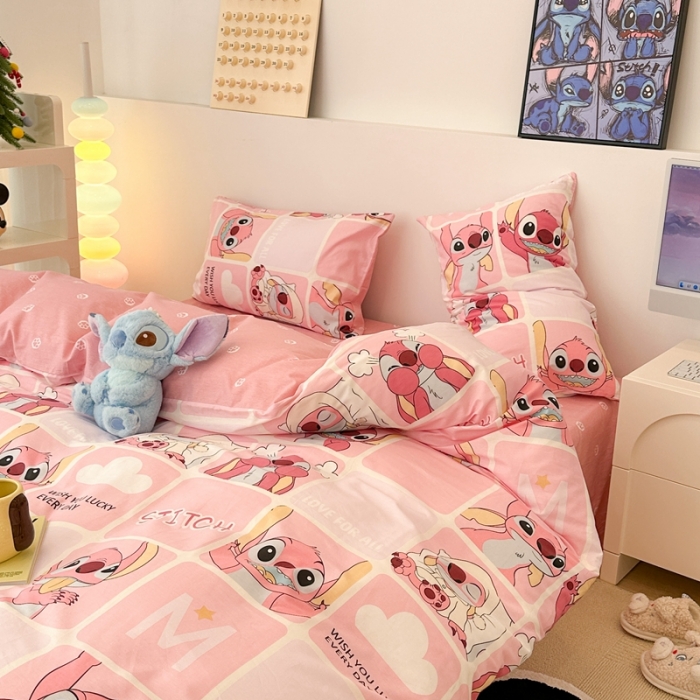 91家纺网 家纺一手货源 找家纺 昔可家纺 2023新款迪士尼系列全棉四件套 粉色史迪仔