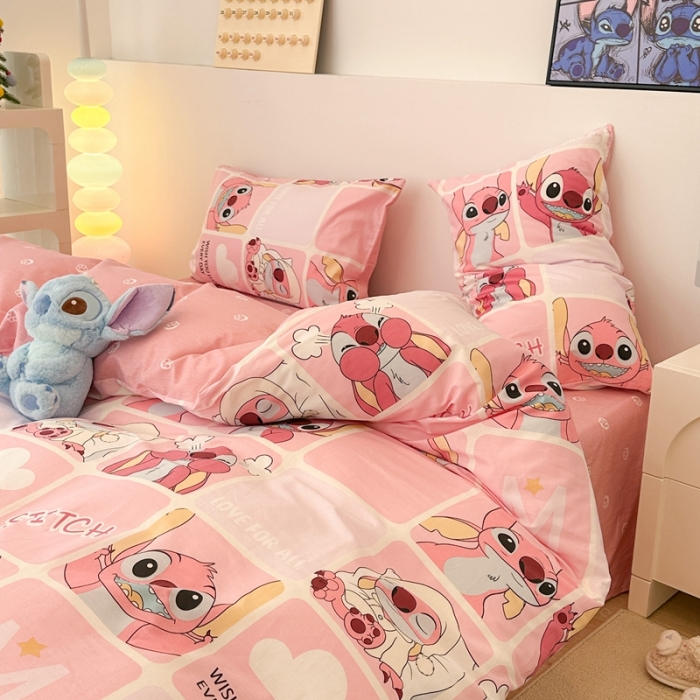 91家纺网 家纺一手货源 找家纺 昔可家纺 2023新款迪士尼系列全棉四件套 粉色史迪仔