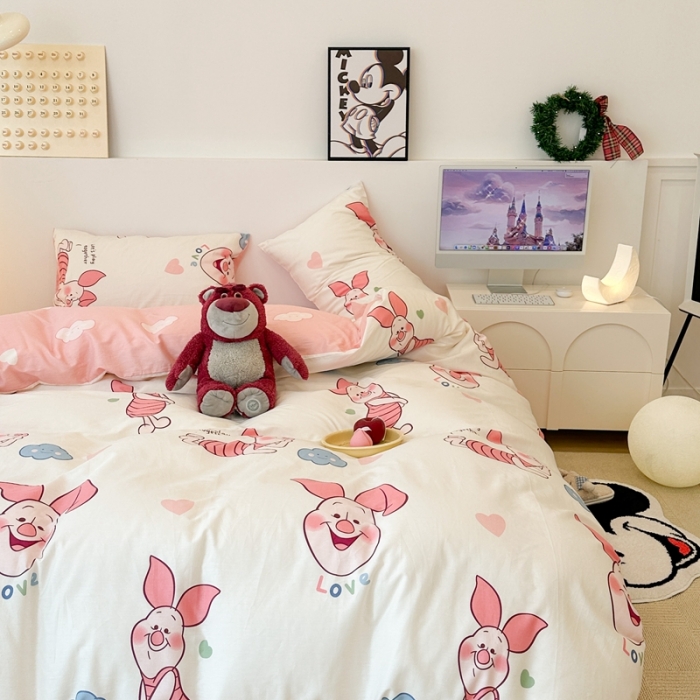 91家纺网 家纺一手货源 找家纺 昔可家纺 2023新款迪士尼系列全棉四件套 粉色小猪噗噗