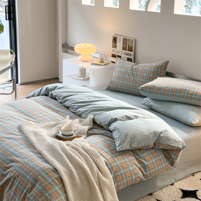 91家纺网 家纺一手货源 找家纺 蓝巢 2023新款全棉色织水洗棉四件套 马丁绿