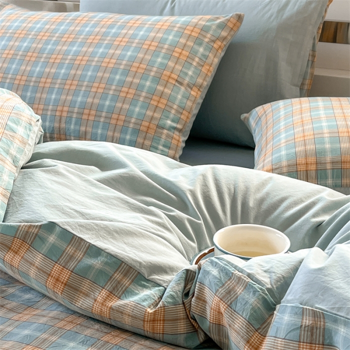 91家纺网 家纺一手货源 找家纺 蓝巢 2023新款全棉色织水洗棉四件套 马丁绿