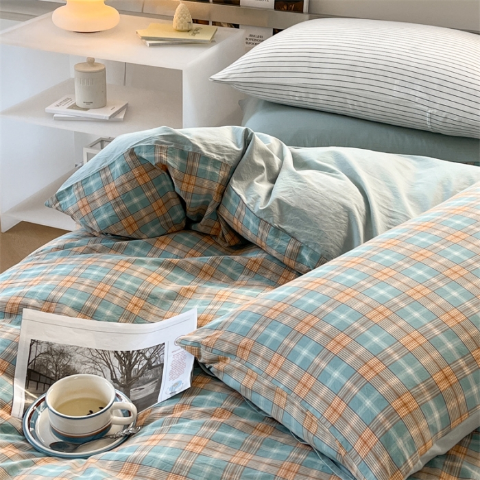 91家纺网 家纺一手货源 找家纺 蓝巢 2023新款全棉色织水洗棉四件套 马丁绿