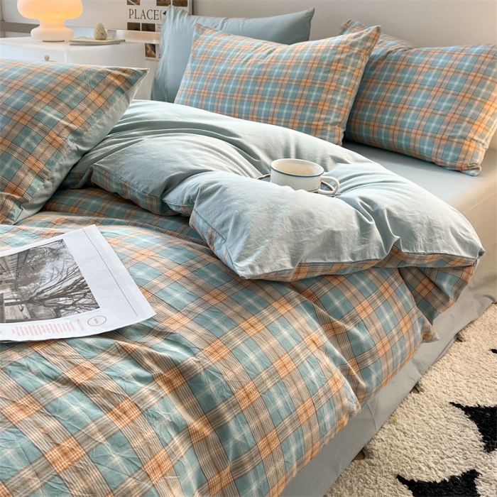 91家纺网 家纺一手货源 找家纺 蓝巢 2023新款全棉色织水洗棉四件套 马丁绿