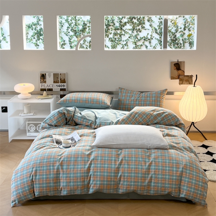 91家纺网 家纺一手货源 找家纺 蓝巢 2023新款全棉色织水洗棉四件套 马丁绿