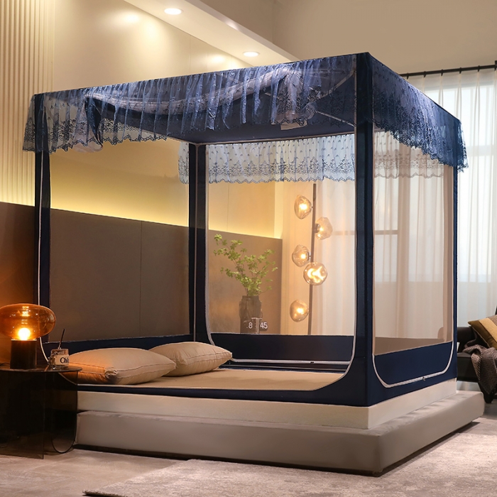 91家纺网 家纺一手货源 找家纺 千逸虹 2024新款防尘坐床回底蚊帐 优梦-藏青