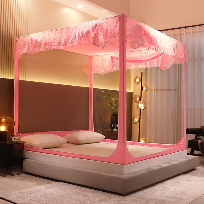 91家纺网 家纺一手货源 找家纺 千逸虹 2024新款防尘坐床回底蚊帐 优梦-粉玉