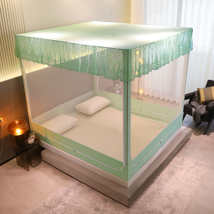 91家纺网 家纺一手货源 找家纺 千逸虹 2024新款防尘坐床回底蚊帐 优梦-天青