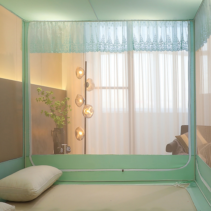 91家纺网 家纺一手货源 找家纺 千逸虹 2024新款防尘坐床回底蚊帐 优梦-天青