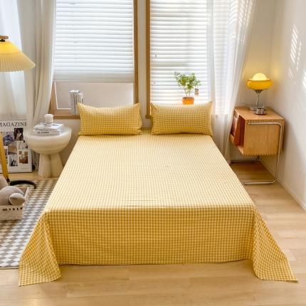 蓝邻 2024新款全棉无印风全棉色织水洗棉单品床单 黄小格