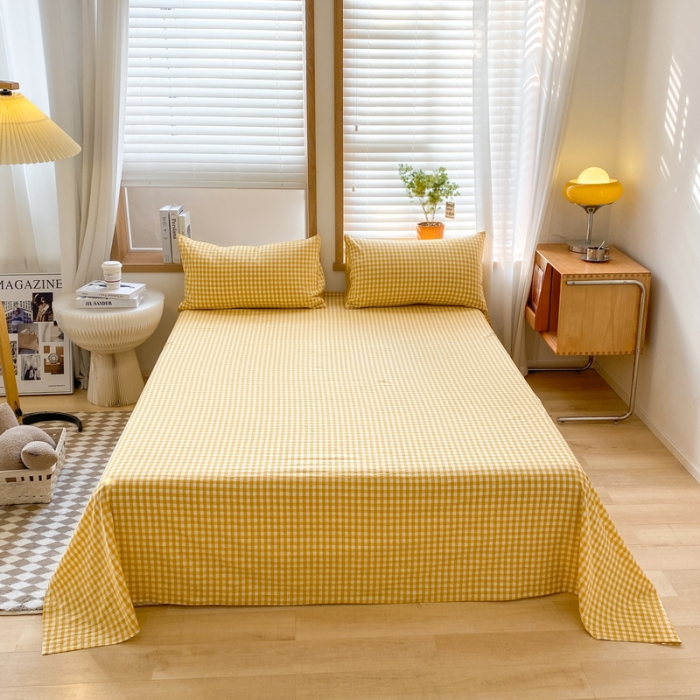 91家纺网 家纺一手货源 找家纺 蓝邻 2024新款全棉无印风全棉色织水洗棉单品床单 黄小格