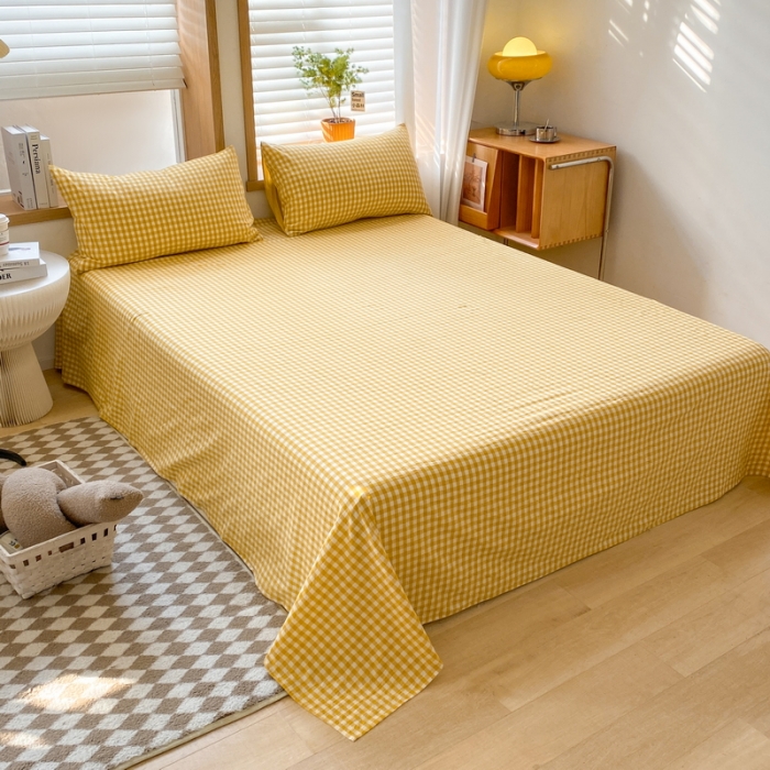 91家纺网 家纺一手货源 找家纺 蓝邻 2024新款全棉无印风全棉色织水洗棉单品床单 黄小格