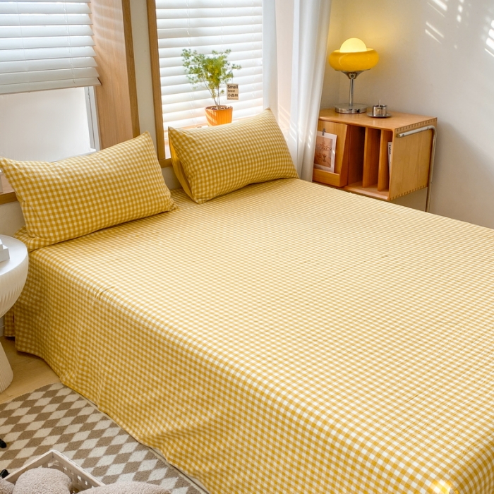 91家纺网 家纺一手货源 找家纺 蓝邻 2024新款全棉无印风全棉色织水洗棉单品床单 黄小格