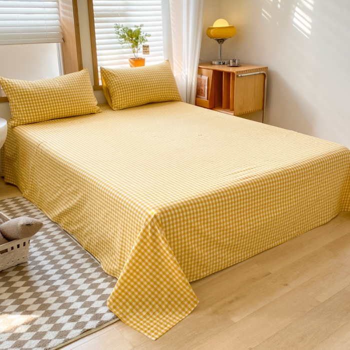 91家纺网 家纺一手货源 找家纺 蓝邻 2024新款全棉无印风全棉色织水洗棉单品床单 黄小格