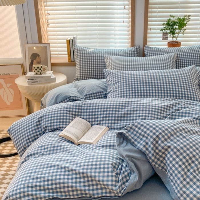 91家纺网 家纺一手货源 找家纺 蓝邻 2024新款全棉无印风全棉色织水洗棉单品被套 海兰小格