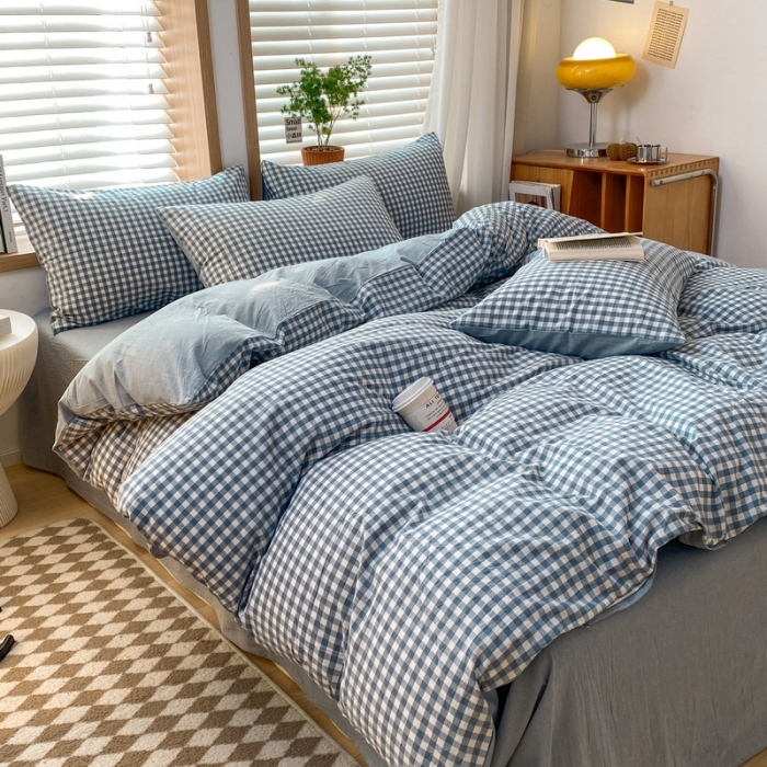 91家纺网 家纺一手货源 找家纺 蓝邻 2024新款全棉无印风全棉色织水洗棉单品被套 海兰小格
