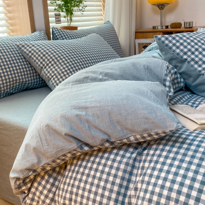 91家纺网 家纺一手货源 找家纺 蓝邻 2024新款全棉无印风全棉色织水洗棉单品被套 海兰小格