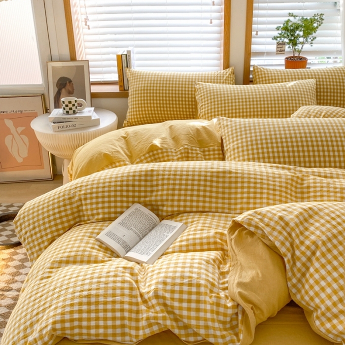 91家纺网 家纺一手货源 找家纺 蓝邻 2024新款全棉无印风全棉色织水洗棉单品被套 黄小格