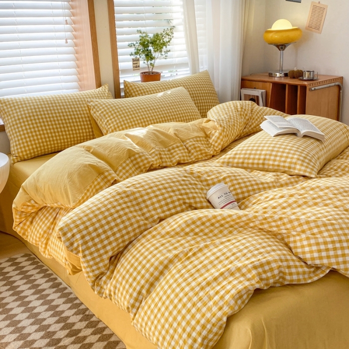 91家纺网 家纺一手货源 找家纺 蓝邻 2024新款全棉无印风全棉色织水洗棉单品被套 黄小格
