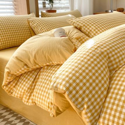 蓝邻 2024新款全棉无印风全棉色织水洗棉单品被套 黄小格