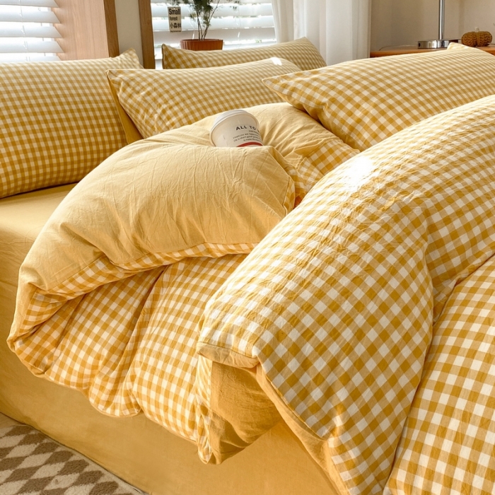 91家纺网 家纺一手货源 找家纺 蓝邻 2024新款全棉无印风全棉色织水洗棉单品被套 黄小格