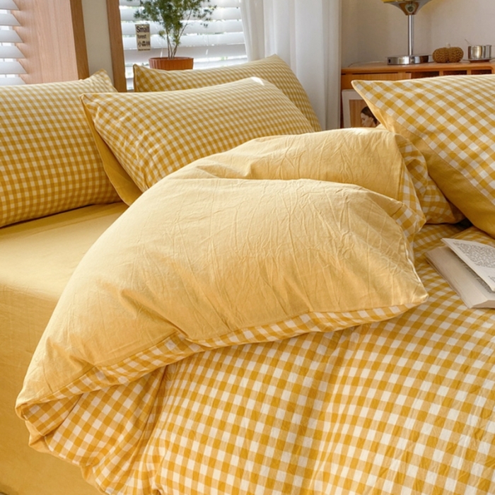 91家纺网 家纺一手货源 找家纺 蓝邻 2024新款全棉无印风全棉色织水洗棉单品被套 黄小格