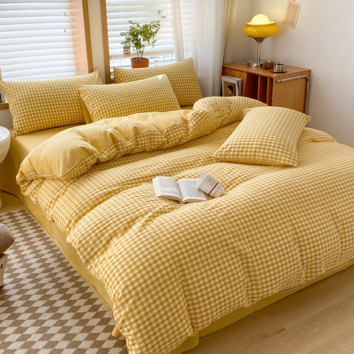 91家纺网 家纺一手货源 找家纺 蓝邻 2024新款全棉无印风全棉色织水洗棉单品被套 黄小格