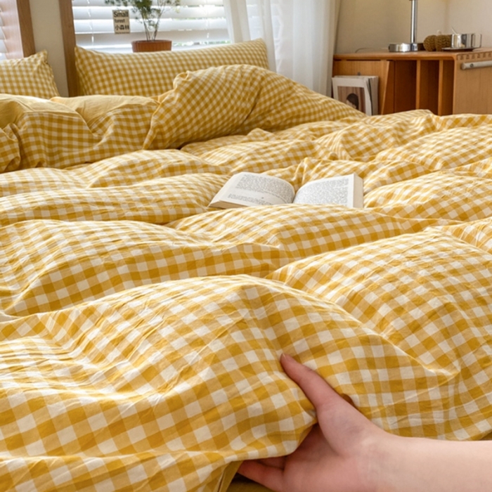 91家纺网 家纺一手货源 找家纺 蓝邻 2024新款全棉无印风全棉色织水洗棉单品被套 黄小格
