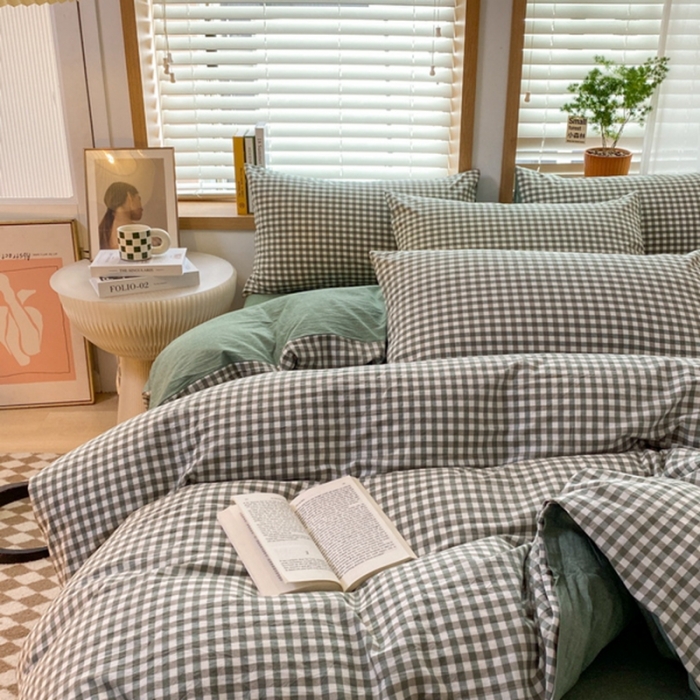 91家纺网 家纺一手货源 找家纺 蓝邻 2024新款全棉无印风全棉色织水洗棉单品被套 绿小格