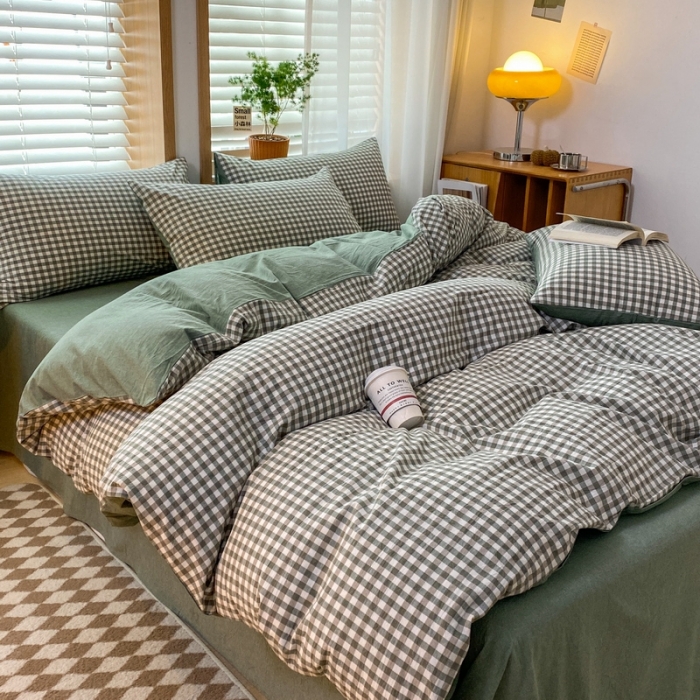 91家纺网 家纺一手货源 找家纺 蓝邻 2024新款全棉无印风全棉色织水洗棉单品被套 绿小格