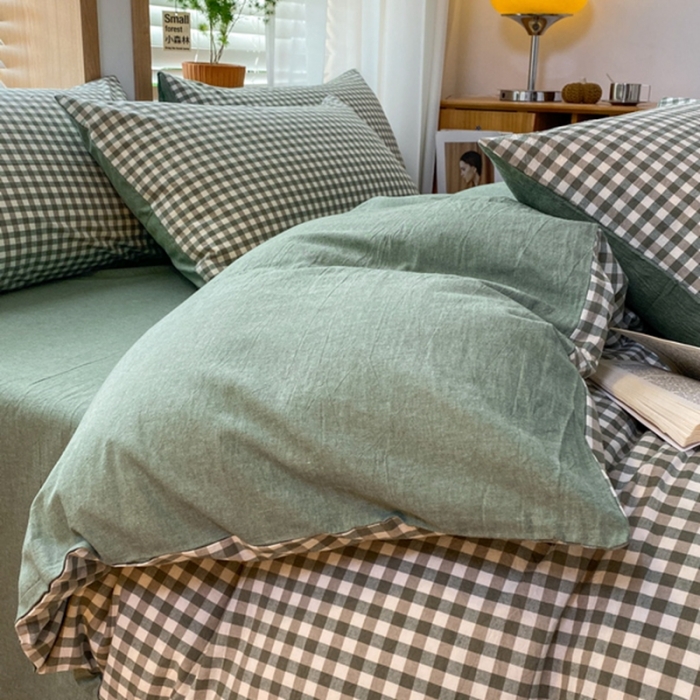 91家纺网 家纺一手货源 找家纺 蓝邻 2024新款全棉无印风全棉色织水洗棉单品被套 绿小格
