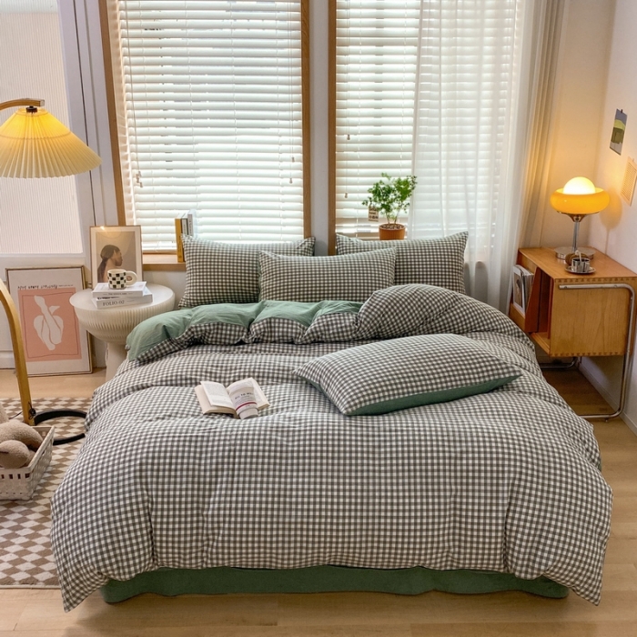 91家纺网 家纺一手货源 找家纺 蓝邻 2024新款全棉无印风全棉色织水洗棉单品被套 绿小格