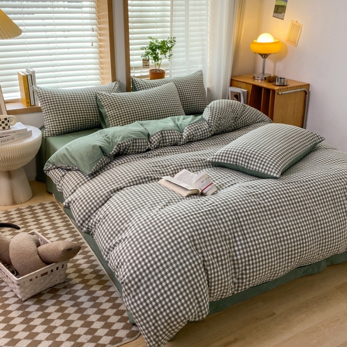 91家纺网 家纺一手货源 找家纺 蓝邻 2024新款全棉无印风全棉色织水洗棉单品被套 绿小格