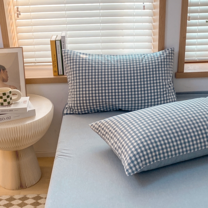 91家纺网 家纺一手货源 找家纺 蓝邻 2024新款全棉无印风全棉色织水洗棉枕套 海兰小格