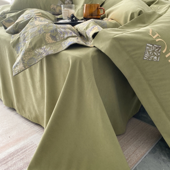 91家纺网 家纺一手货源 找家纺 棉生活家纺 2023新款水洗牛奶蛋白棉四件套 橄榄绿