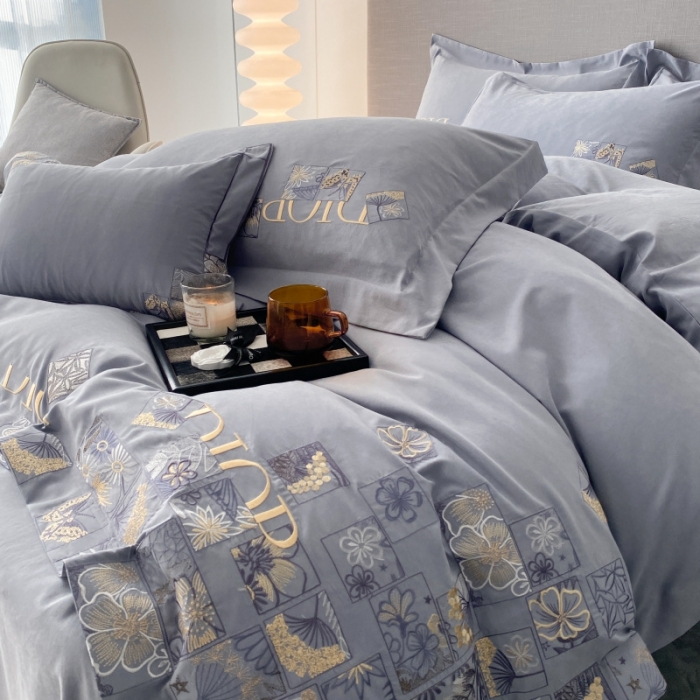 91家纺网 家纺一手货源 找家纺 棉生活家纺 2023新款水洗牛奶蛋白棉四件套 青雾灰