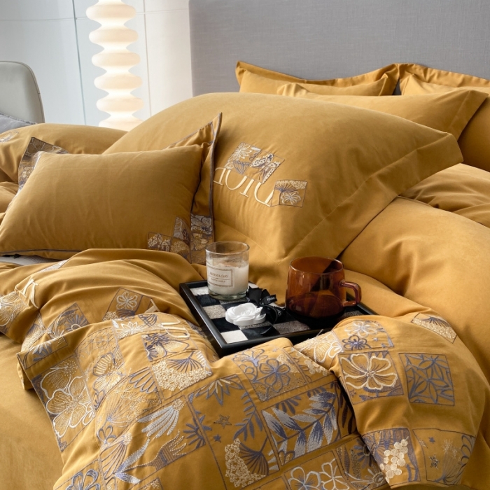 91家纺网 家纺一手货源 找家纺 棉生活家纺 2023新款水洗牛奶蛋白棉四件套 秋香黄