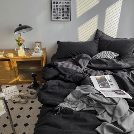 91家纺网 家纺一手货源 找家纺 优迈 新款纯色双拼水洗棉亲肤磨毛四件套-单被套枕套床笠纯黑
