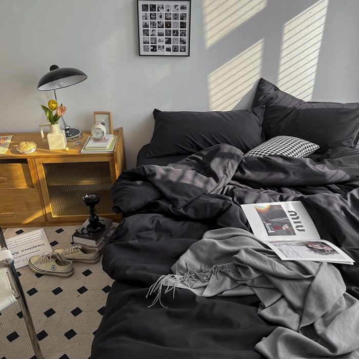 91家纺网 家纺一手货源 找家纺 优迈 新款纯色双拼水洗棉亲肤磨毛四件套-单被套枕套床笠纯黑