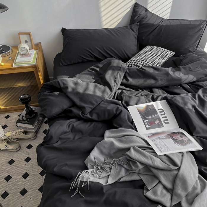 91家纺网 家纺一手货源 找家纺 优迈 新款纯色双拼水洗棉亲肤磨毛四件套-单被套枕套床笠纯黑