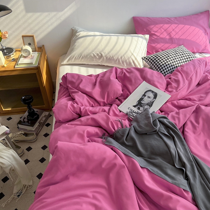 91家纺网 家纺一手货源 找家纺 优迈 新款纯色双拼水洗棉亲肤磨毛四件套-单被套枕套床笠慕斯玫瑰