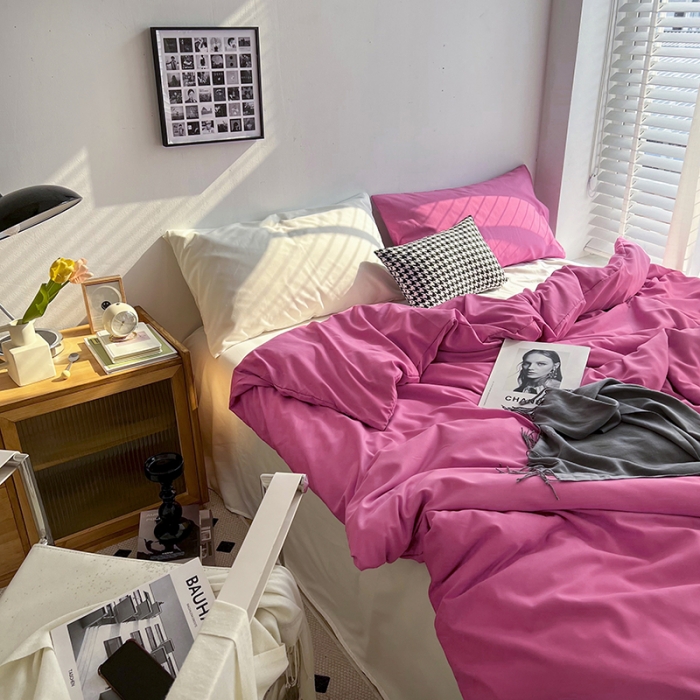 91家纺网 家纺一手货源 找家纺 优迈 新款纯色双拼水洗棉亲肤磨毛四件套-单被套枕套床笠慕斯玫瑰